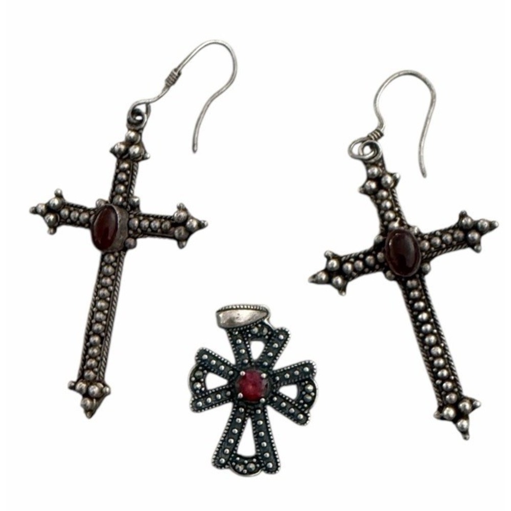 Sterling Silver Cross Set Earrings & Pendant Necklace Red Stone Gothic Vintage